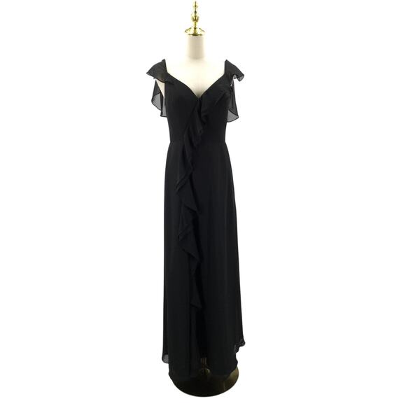 AW BRIDAL SZ 10 L black chiffon ruffle prom formal party maxi dress NEW B157 - Picture 1 of 8